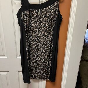 S.L. Fashions Black and Cream One Shoulder Dress
